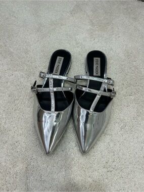 Steve Madden Metallic Silver Pointed Toe Double-Strap Mules